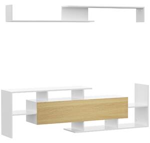 Mobile TV Ripiani e Armadietto a Ribalta con Mensola a Muro 153,6x25x42 cm Bianco e Legno Naturale
