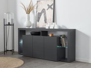 Credenza con 2 Ante 3 Cassetti e Ripiani in Vetro a Giorno 180x40x80 cm Essential 2A 3C Grigio Antracite Opaco