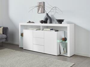 Credenza con 2 Ante 3 Cassetti e Ripiani in Vetro a Giorno 180x40x80 cm Essential 2A 3C Bianco Lucido