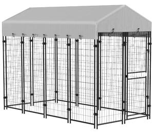 PawHut Recinto per Cani da Esterno con Tetto e Porta a 2 Sezioni in Metallo, 239x121x183cm, Argento