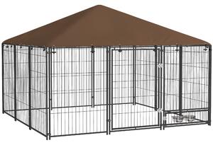 PawHut Recinto per Cani in Metallo e Tessuto Oxford con Porticina per Ciotole, 211x211x151 cm, Nero e Marrone|Aosom