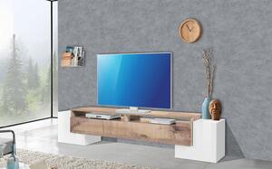 Mobile Tv 3 Ante e Ripiano a Giorno 210x45x45 cm Pillon Low 2A 1R Bianco Lucido/Acero Pereira