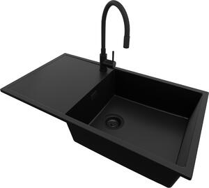 Lavello in granito PRIMAGRAN Tutto nero 90x50 cm, lavello a 1 vasca + rubinetto da cucina 40x38 cm + set di scarico, lavello da cucina per mobile sottolavello da 60 cm - Ibiza
