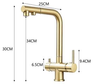 Miscelatore da cucina – Miscelatore estraibile con filtro per acqua potabile – Adatto per acqua fredda e calda – Bocchetta girevole – Monocomando – Montaggio a foro singolo – Finitura oro spazzolato