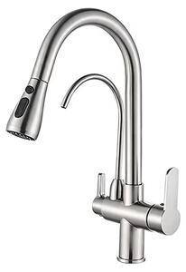 Miscelatore per cucina monocomando con doccetta estraibile, attacco per acqua potabile filtrata, alimentazione a caldo e freddo, realizzato in acciaio inossidabile 304, finitura nichel