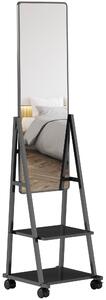 Specchio da Terra Autoportante con Ruote 42x37x155 cm in Acciaio e Legno Nero