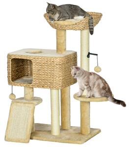 Albero Tiragraffi per Gatti con Casetta e Trespolo 60x40x98 cm in Legno e Poliestere Marrone e Beige