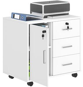 Cassettiera da Ufficio Schedario con 3 Cassetti e Armadietto 60x40x56 cm in Legno Bianco