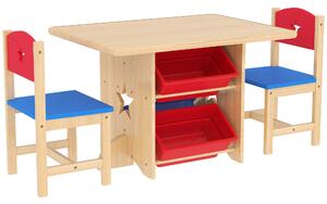 Set Tavolo e Sedie per Bambini con 4 Contenitori per Giochi in Legno e PP