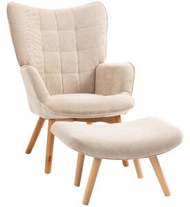 Poltrona Relax con Pouf Poggiapiedi in Velluto a Costine Beige