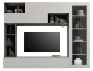 Parete Attrezzata Design Contemporaneo 277x40x210 cm con Anta Vetro Pratiko Ghisa e Pietra