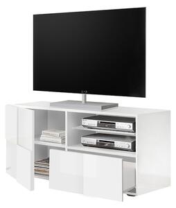 Mobile TV Moderno 1 Anta 1 Cassetto Design a Scacchi Modello Dama 121x42x57 cm Bianco Lucido