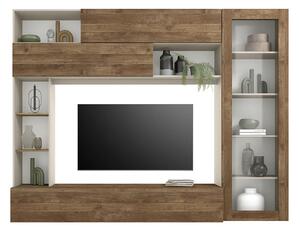 Parete Attrezzata Design Contemporaneo 277x40x210 cm con Anta Vetro Pratiko Cashmere e Noce Mercure