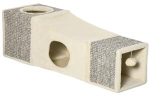 Tunnel per Gatti Pieghevole 98x30x30 cm con Tiragraffi in Peluche e Sisal Crema
