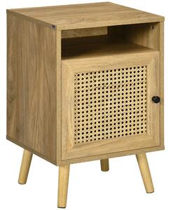 Comodino per Camera da Letto Stile Boho 39x35x60 cm con Armadietto e Ripiano Aperto in Legno e Rattan