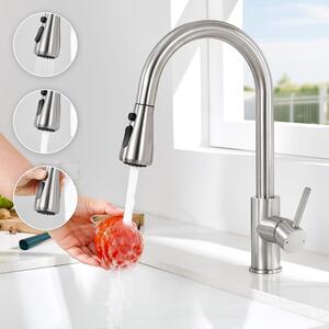Miscelatore da cucina estraibile, in acciaio inossidabile 304 spazzolato, con 2 getti, erogatore alto, girevole a 360°