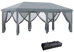 Gazebo da Giardino 600x300 cm Pieghevole con 6 Zanzariere e Pulsante in Acciaio e Poliestere Grigio