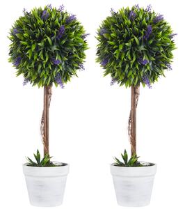 Set 2 Piante Artificiali Ø24x60 cm Verdi a Sfera con Fiori di Lavanda e Vaso con Muschio e Cemento
