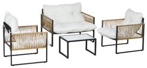Set Salotto da Giardino 4 Pezzi con Divanetto, 2 Sedie e Tavolino da Caffè Nero Marrone e Crema