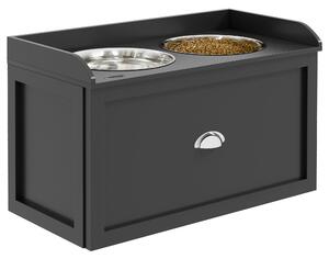 Ciotole per Cani Rialzate 60x30x36 cm in Acciaio Inox e Legno con Cassetto Nero