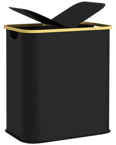 Cesto Portabiancheria da 80L a 2 Sezioni con Coperchio 54x34x58,5 cm in Tessuto non Tessuto e Bambù Nero