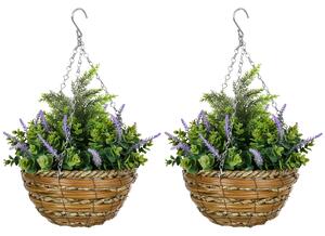 Set 2 Piante Artificiali di Lavanda Ø25x34 cm con Vaso e Gancio in PE e Vimini Verde e Viola