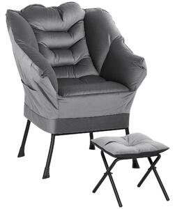 Poltrona Moderna 80x78x100 cm con 2 Tasche Laterali e Poggiapiedi in Tessuto Effetto Lino Grigio