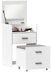 Consolle Trucco 50x40x113,5 cm con Specchio Ribaltabile 2 Cassetti e Sgabello a Scomparsa in Legno Bianco