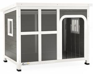Cuccia per Cani di Taglia Piccola e Media 90x62x71 cm con Finestrelle e Ingresso a Tenda in Legno di Abete Grigio Chiaro