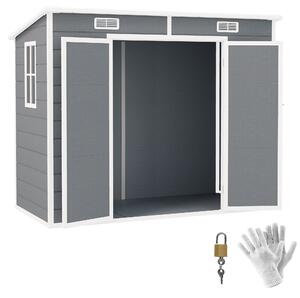 Casetta Box da Giardino 240x130 cm con Pavimento 2 Porte con Blocco e Finestra in Resina Grigio