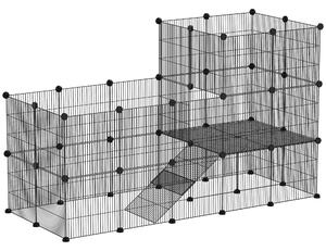 Recinto per Animali Modulabile e Multilivello 140x70x105 cm con 39 Pannelli in Acciaio e PP Nero