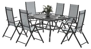Set Salotto da Giardino 7 Pezzi con Tavolo da Pranzo con Foro per Ombrellone e 6 Sedie Pieghevoli Grigio