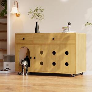 Mobiletto per lettiera per gatti con vaschetta estraibile per raccogliere la lettiera e cassetti, dimensioni 100 x 45 x 66 cm, colore naturale
