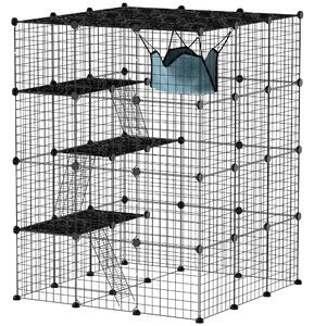 Box Recinto per Gatti Modulabile a 4 Livelli 105x105x140 cm 5 Ingressi e Rampe in Acciaio e PP Nero