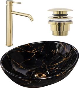 Lavabo da appoggio Rea LAVABO SOFIA IN MARMO NERO + RUBINETTO ALTO LUNGO ORO + SCARICO UNIVERSALE ORO