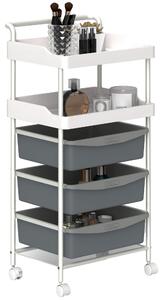 Carrello Portaoggetti Multiuso 40x34x85 cm con 2 Ripiani e 3 Vassoi Scorrevoli in Acciaio e PP Bianco e Grigio