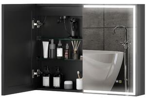 Armadietto a Specchio da Bagno 80x12,8x60 cm Illuminato a LED 3 Tonalità in Vetro e Alluminio Nero