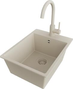 Lavello PRIMAGRAN in granito beige 38x50cm, lavello 1 vasca + rubinetto cucina 32x20cm + set scarico, lavello cucina da base 40 cm - Riga