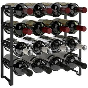 Portabottiglie a 4 Livelli a Onda 42.5x16,5x41 cm Impilabili per 16 Bottiglie in Metallo Nero