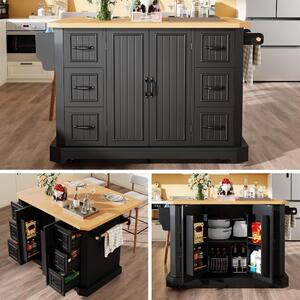 Isola da cucina 120x45x91 cm, realizzata in MDF e metallo, di colore nero, con piano di lavoro effetto legno, spazio contenitivo e ruote, ideale per cucina e zona pranzo