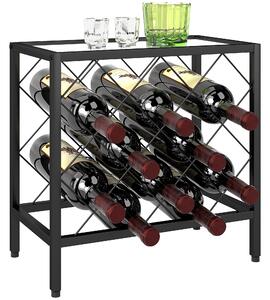 Portabottiglie Vini per 10 Bottiglie 41x22x41 cm con Piano d'Appoggio in Vetro in Acciaio Nero