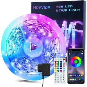 Striscia LED HOVVIDA 10 m, 1x10 m, 30 LED/metro, striscia LED RGB, 300 LED, app e telecomando, modalità musica, modalità temporizzata, LED per camere, soggiorno, cucina, camera da letto, bar, feste 10 m multicolore