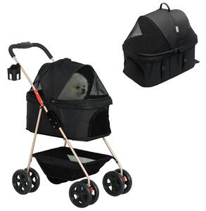 Passeggino per Cani 3 in 1 Pieghevole con Cestino Inferiore Nero