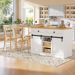 Isola da cucina bianca, realizzata in MDF e metallo, con dimensioni da 120 a 197 cm di larghezza, 40 cm di profondità e 72 cm di altezza. Dotata di un piano girevole a 360° e di spazio contenitivo, ideale per cucina e sala da pranzo