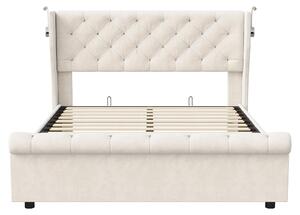 Letto contenitore - Letto con spazio contenitore - 140 x 190 cm - Beige - Rivestito in velluto - Meccanismo a gas per l'apertura dello spazio contenitore - Testiera imbottita con dettagli a bottoni - Materasso non incluso