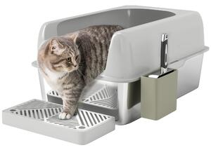 Lettiera per Gatti con Gradino 60,2x40,6x29 cm in Acciaio Inox e ABS Grigio Chiaro