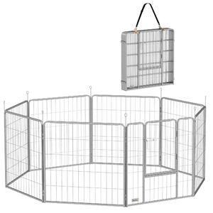 Recinto per Cani a 8 Pannelli Modulabili Pieghevole 80x1,5x80A cm con Porta di Ingresso in Acciaio Argento
