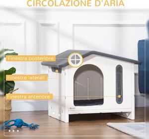 PawHut Casetta per Cani Rialzata con Vassoio per 2 Ciotole, Finestre e Cuscino in Gommapiuma, 70x64x56 cm