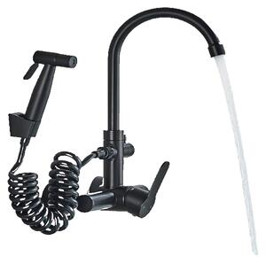 KLARWERK® Julie | Rubinetto per uso alimentare, montaggio a parete, colore nero | Miscelatore professionale in acciaio inossidabile con doccetta, dotato di due getti e un beccuccio alto