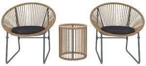 Set da Giardino 3 Pezzi con 2 Sedie con Cuscini e Tavolino a Cilindro con Piano in Vetro in Rattan PE Legno e Nero